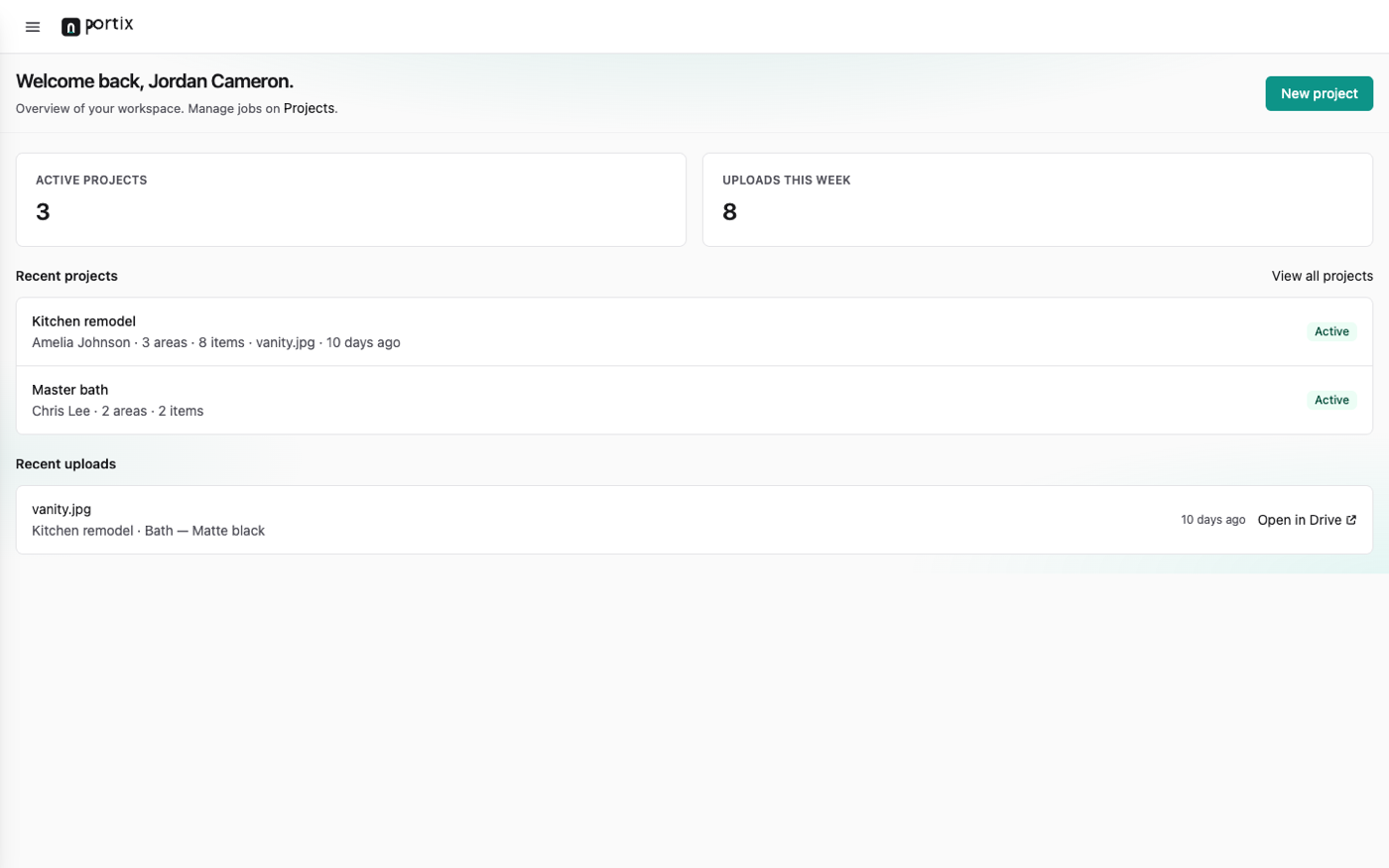 Portix workspace dashboard — active projects and recent uploads