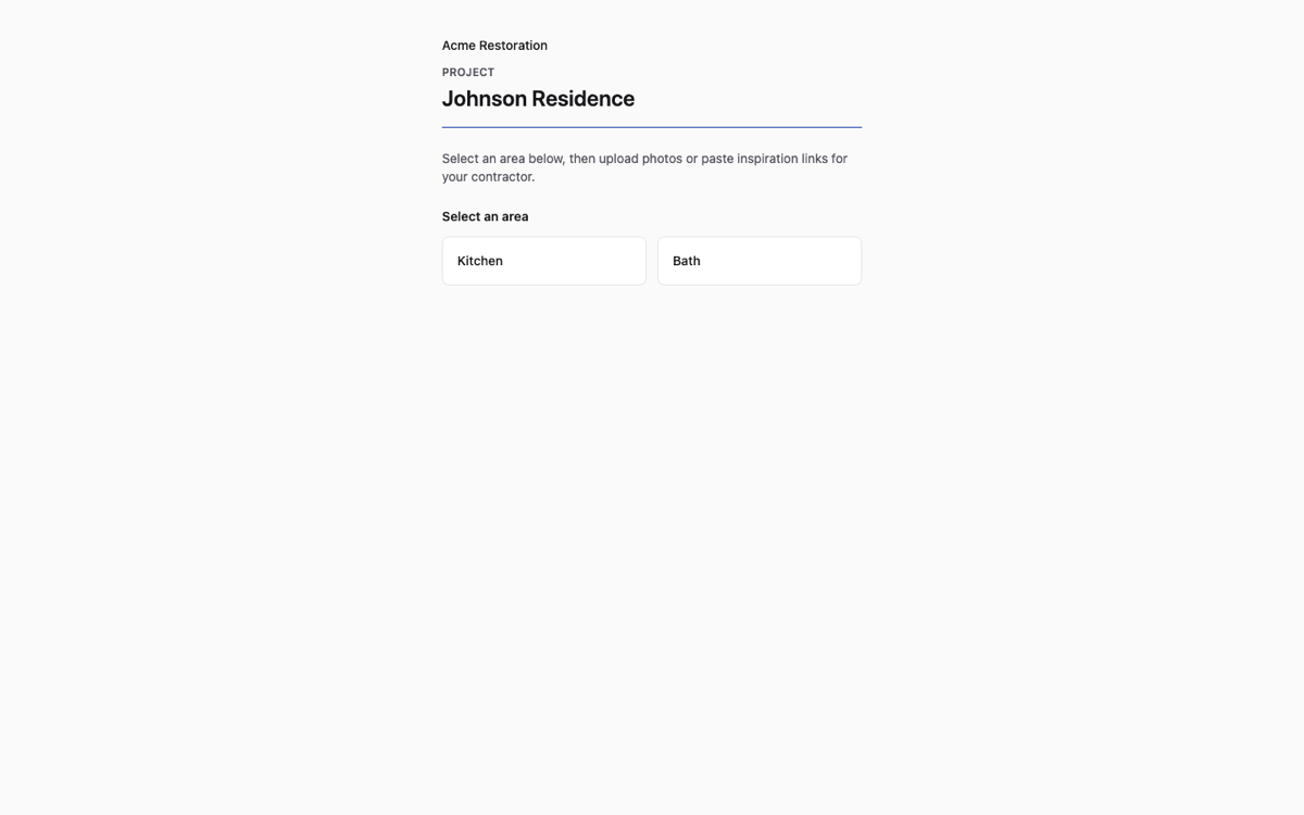Client portal area picker — Kitchen and Bath
