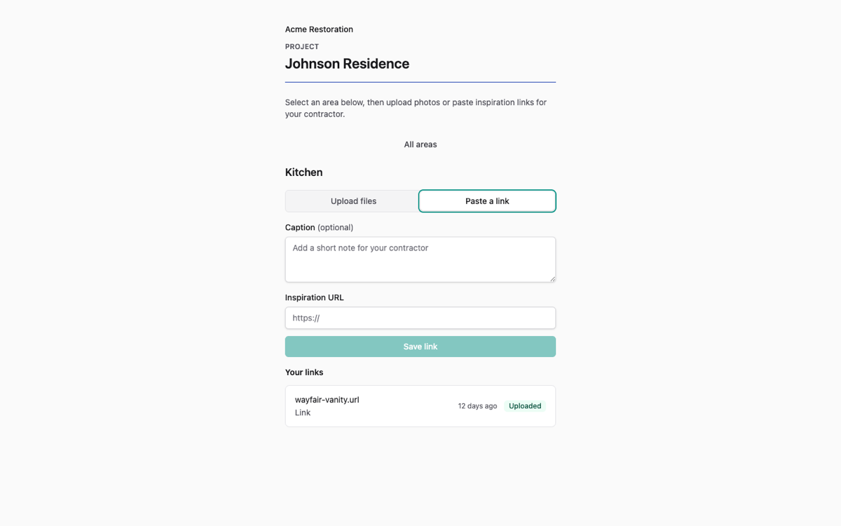 Client magic-link portal — paste a link or upload files