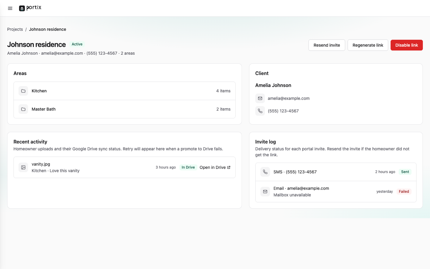 Portix project detail with areas, client info, and invite log
